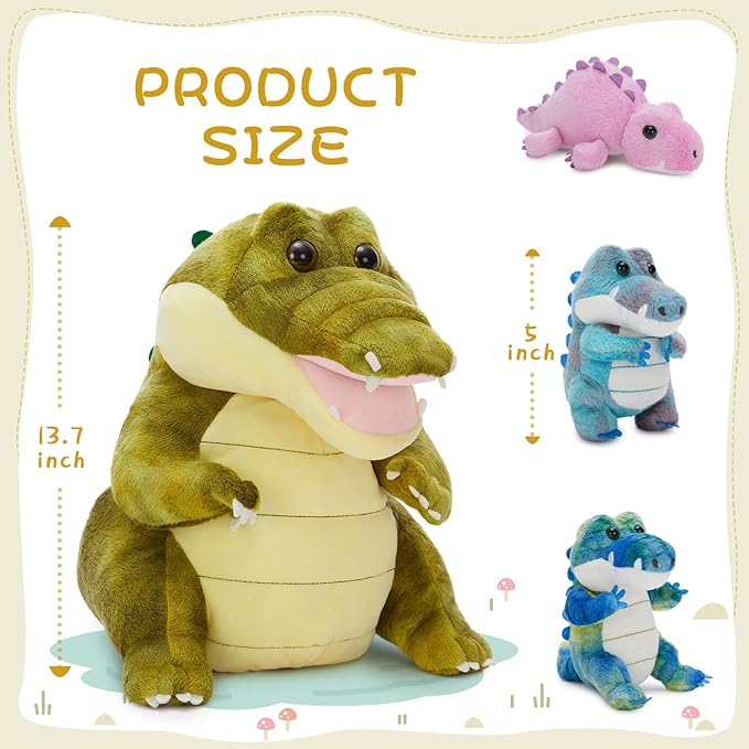 MorisMos Crocodile Stuffed Animal with 3 Baby Inside, 13.7" Stuffed Crocrodile Plush Toy, Mommy Alligator Stuffed Animal with 3 Baby Toys, Stuffed Alligator Plush for Boys & Girls Birthday Gift