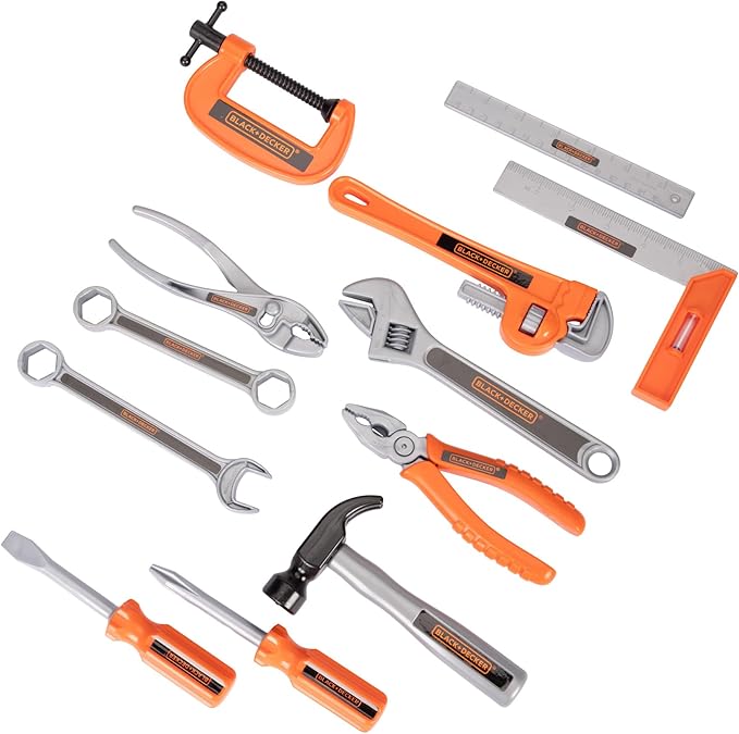BLACK+DECKER Kids Tool Bag Set 13-Piece Junior Roll Up Bag Pretend Play Tools, Hammer, Phillips Screwdriver, Pliers, Adjustable Wrench & More! for Boys & Girls Ages 3+