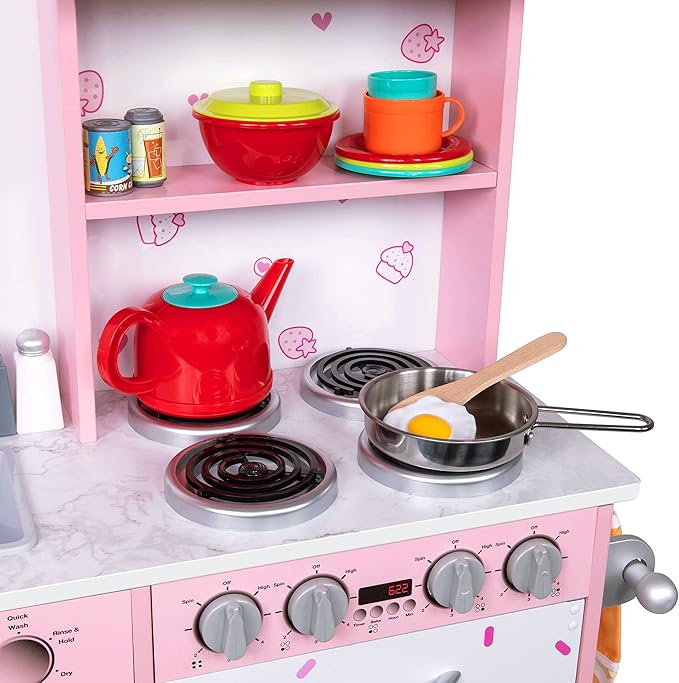 Lil' Jumbl Kids Kitchen Set, Pretend Wooden Play Kitchen, Battery Operated Icemaker & Microwave with Realistic Sound, Pots & Pan Included - Pink