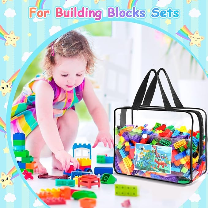 Toy Storage Bags 6 Packs, Kids Toy Storage Organizer with Zipper and Labels, PVC Clear Bags for Board Games, Books, Puzzles, Building Blocks(Large, Black)