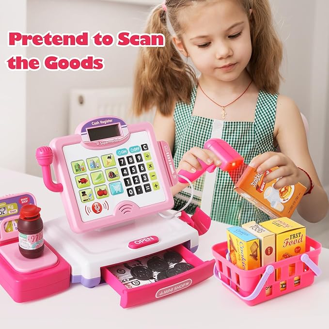 Play Calculator Cash Register Toy Gift for Kids Girls Age 3, 4, 5, 6, 7, 8+ Year Old, 57 Pcs Pink Pretend Grocery Store Playset, Incl Microphone, Credit Card, Scanner, Fake Food, Play Money for Kids