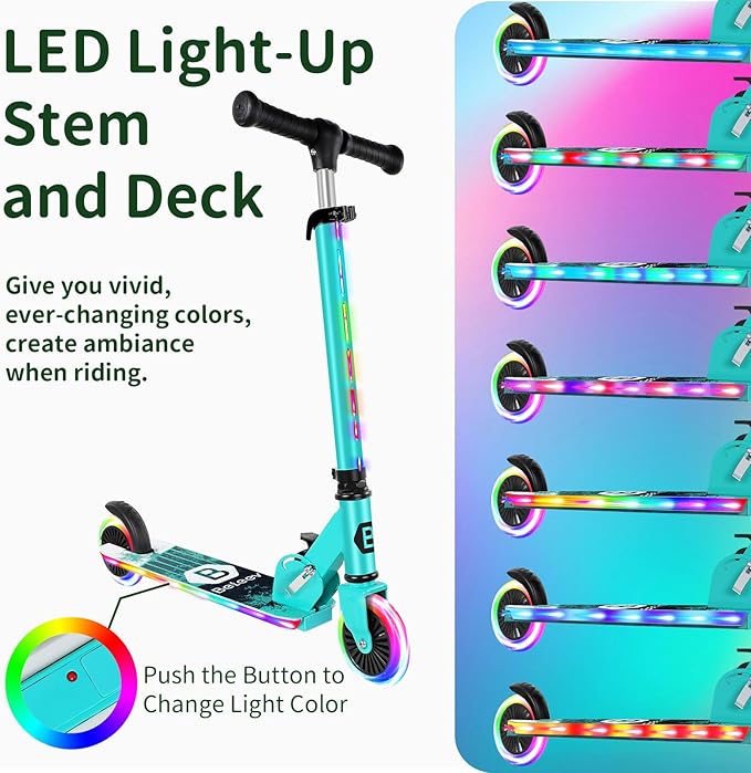 BELEEV V2 Scooters for Kids with Light-Up Wheels & Stem & Deck, 2 Wheel Folding Scooter for Girls Boys, 3 Adjustable Height, Non-Slip Pattern Deck, Lightweight Kick Scooter for Children Ages 3-12