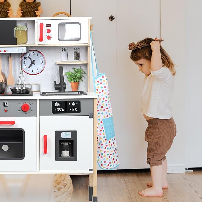 Wooden Kitchen Playset for Kids, Realistic Lights & Sounds Toddler Play Kitchen Set Include Complete Toy Cooking Equipped & Cookware Accessories for Chef Pretend Game Birthday Best Gift