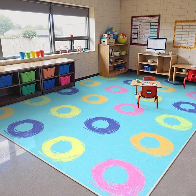 STARUIA Big Educational Area Rug Classroom Rugs for Elementary, 7.5x13 Abstract Blue Rug with Colorful Handpainted Circles, Stain-Resistant High-Traffic Kids Carpet for Playroom Home Learning