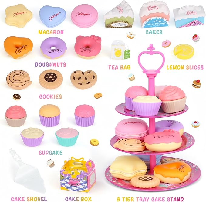 Tea Party Set for Toddles 3-5,PRE-WORLD Musical Kids Tea Set for Little Girls with Dessert,Cookies,Doughnut,Cake,Cake Stand,Tablecloth & Carrying Case,Kitchen Pretend Play Toys for Girls Boys Age 3-6