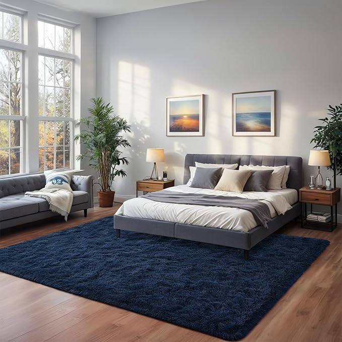 Nuttumico Large Fluffy Shag Area Rug for Living Room, 6x9 ft Navy Blue Fuzzy Plush Rugs for Kids Girls Boys Room, Nursery Dorm Room, Office, Luxury Home Decor