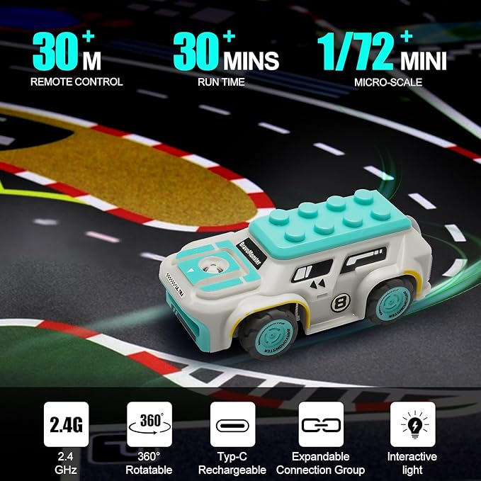 Micro RC Car 1:72 Full Proportional Hall Sensor Mini Remote Control Racing Car for Desktop on Track Play with Expandable Components, Gifts for Adults and Kids with Rechargeable Battery