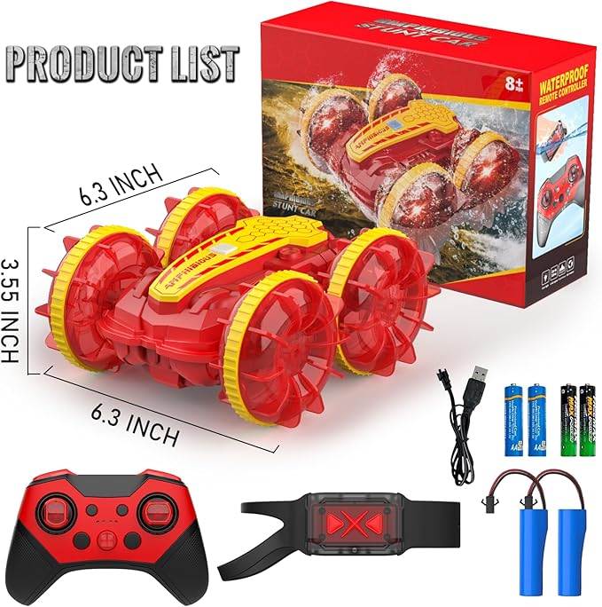 Amphibious RC Car with Lights for Kids 6-12 Year Old Gesture Sensor RC Stunt Cars Boat 4WD 2.4GHz Waterproof Hand Controlled Remote Control Car 360° Rotating Water Beach Pool Toys Gift for Boys Girls