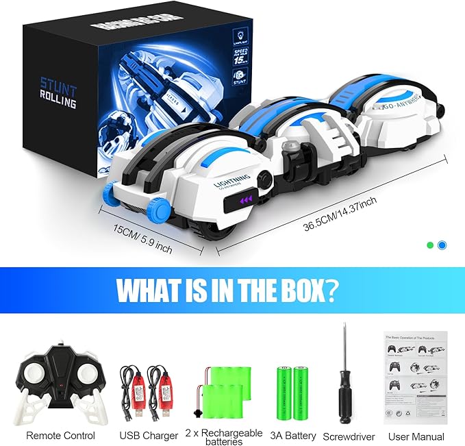 BAZADER RC Car with LED Lights - Remote Control Car Snakes 360° Roll Toy, Birthday for Kids Age 7 8 9 10 11+ Year Old, 2 Batteries 60+min, Indoor/Outdoor Toy for 6-12 yr Teen Boys