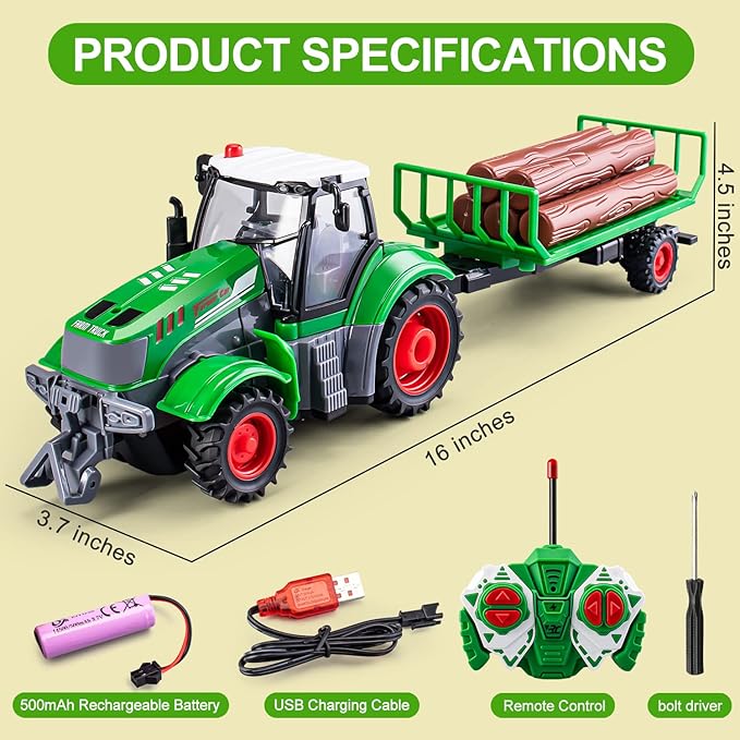 Gift for 5 Year Old boy Kids Remote Control Truck Toddler Farm Toys for Boys Age 4-7 Kids Remote Control Tractor for Boys 4-7 1/24 Scale Log Trailer