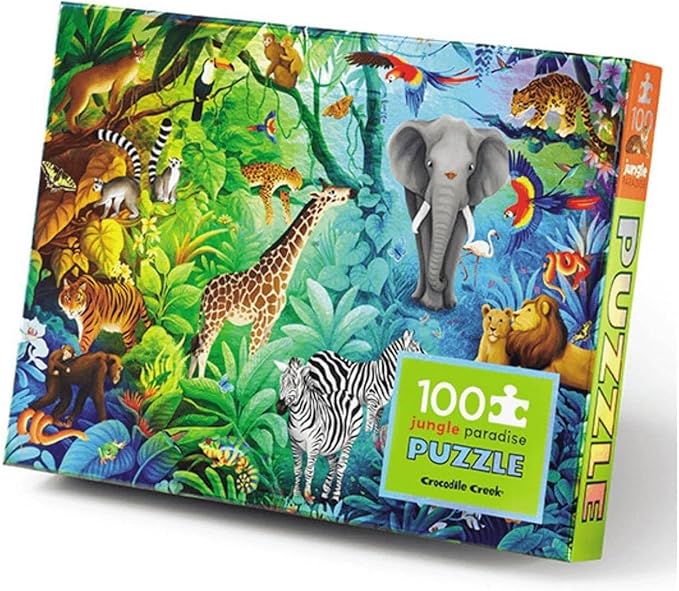 Crocodile Creek 100-Piece Jigsaw Puzzle for Kids Ages 5 and Up - Fun and Educational Table or Floor Holographic Foil Puzzle - Heavy-Duty Box for Storage - Jungle Paradise - 24" x 18" Finished
