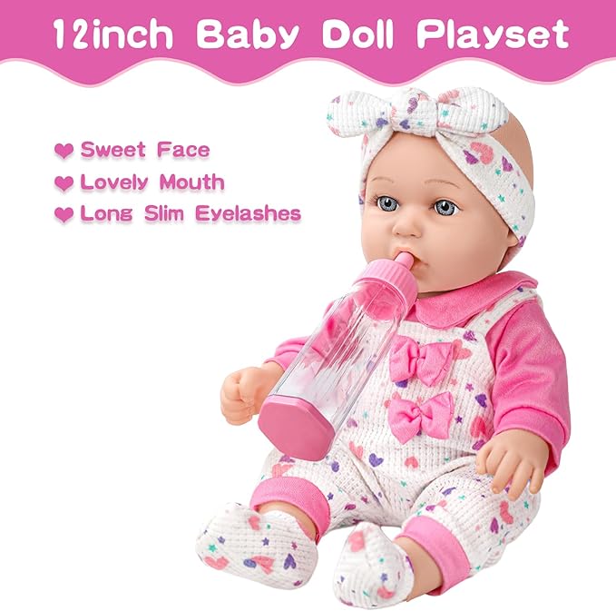 12" Baby Doll with Pink Bowknot Clothing Set,12 Inch Realistic Baby Dolls with Clothes and Accessories,Pacifier Bottle Toy Pretend Play Collection for 3+ Child Girls Gifts