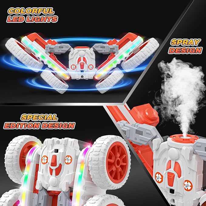 Remote Control Car,RC Cars with Sides Light and Headlights,360°Rotating 4WD Spray RC Stunt Car,2.4Ghz All Terrain Toy Car for Boys Age 4-7 Kids Toy for 8-12 Boys Girls Birthday Gift(Orange & White)