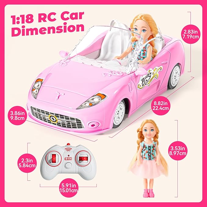 Pink Remote Control Car for Girls, 2.4Ghz Racing for Toddler, 1:18 RC Toys for Kids with Doll, 100 mins with Rechargeable Battery, Birthday for Grils