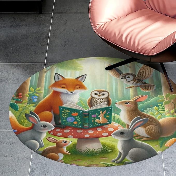Animals Reading Books Forest 3Ft Round Rug Non-Slip Cute Cartoon Soft Kids Floor Playing Mat for Bedroom Living Room,Round Carpet for Nursery Dorm