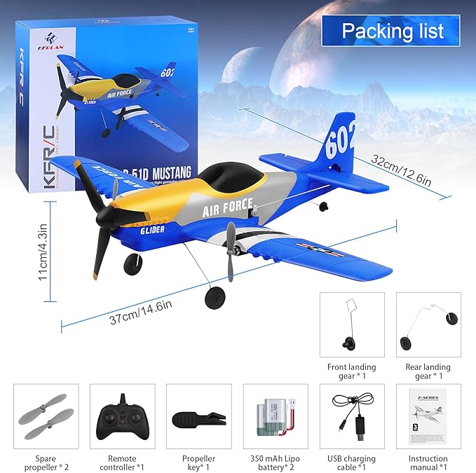 RC Plane 3-Channel 2.4GHZ RC Airplane, P51D Mustang Fighter with 2 Batteries, KF602 Remote Control Plane Gyroscopes Stabilization System Easy to Fly Suitable for Beginners, Kids, Adults