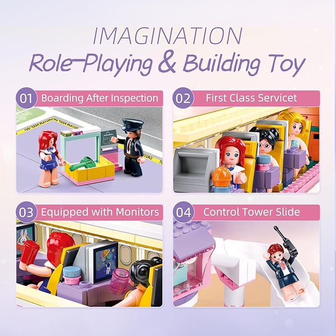 Sluban Airplane Building Set for Girls 6+ 8+ 12+, Airport Plane Kit Compatible with Lego Friends, Control Tower, Security Check Machine, and 5 Minifigures, Thanksgiving Boys Kids 6-12