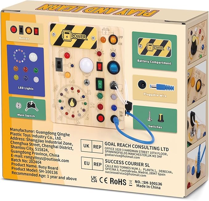 Busy Board, Montessori Toy for 1-3 Years Old, Wooden Toddler Sensory Travel Toy, Ideal Gift for 1+ Year Old Boys (Busy Board Plus V2), Medium, Yellow