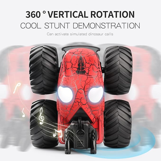 Threeking 1:18 Dinosaur RC Car Remote Control Cars Trucks Toy 4WD Off-Road Car Toys with Lights Spray Suitable for All Terrain Gifts Presents for Boys/Girls Ages 6+ Red
