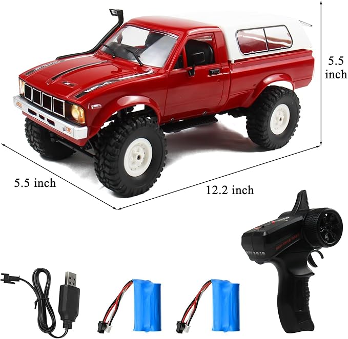 RC Crawler 1/16 Scale RC Rock Crawler, WPL C24 All Terrain RC Car RTR 4x4 Off-Road Remote Control Trucks with LED Lights and Two Batteries for Kids and Adults