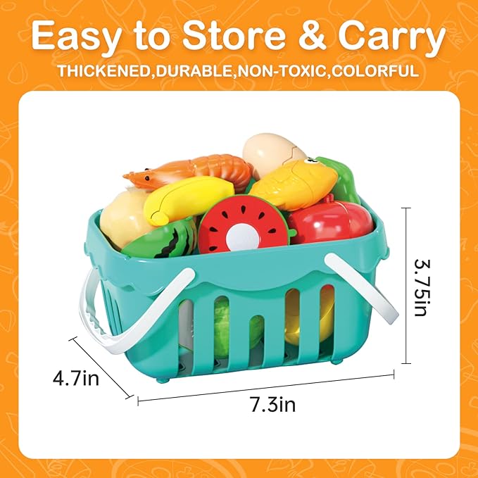 130Pcs Kitchen Playset, Toddler Pretend Cooking Play Pots, Pans, Utensils Cookware, Daily Food Fruit Veges, Shopping Storage Basket, Dessert, Prop Money, Learning Gift for Child (Turquoise)