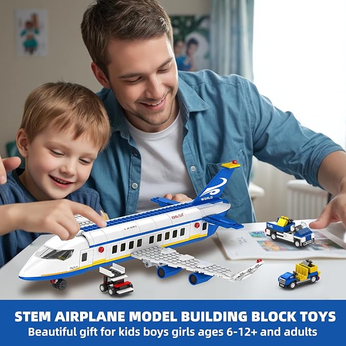 City Passenger Airplane Building Set,516 PCS STEM 6 in 1 Airport Passenger Plane Building Block Toy with Baggage Truck, Shuttle Bus, Christmas Birthday Gifts for Adults Boys Girls Age 6-12+