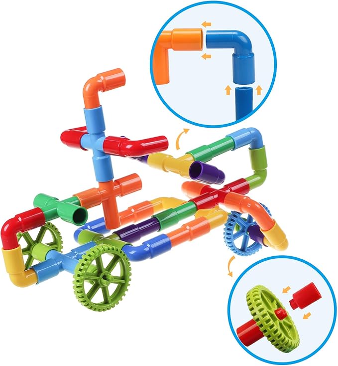 burgkidz 426 Pieces Toy Pipe, Creative STEM Tube Locks Construction with Wheels and Mini Baseplate, Interlocking Educational Sensory Kit, Preschool Learning Toys for Boy and Girls Ages 3+