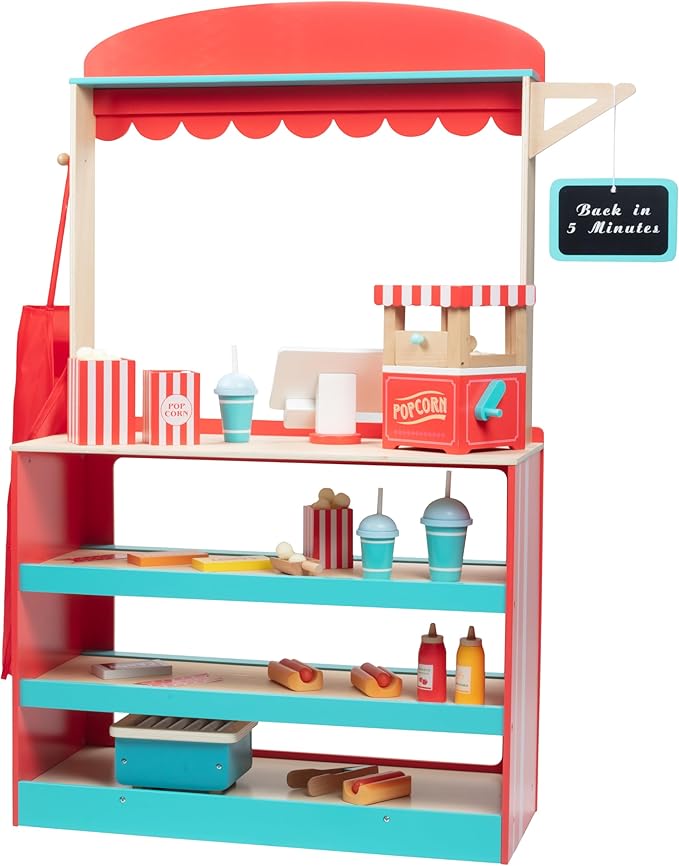 Movie Theatre Snack Bar Wooden Playset - Pretend Concession Stand Fun- Full Set w Popcorn Machine Hot Dogs Candy Bars Sodas Cash Register Credit Card- Kids Play Food Activity Center for Daycare & More