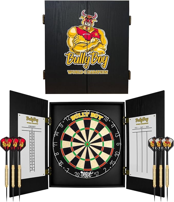 Shot! - Michael Smith Bully Boy Dartboard Cabinet Set | Self-Healing Sisal | Staple-Free Bullseye | Includes 6 Steel Tip Darts | Easy Install, Black, Standard Size, Wood
