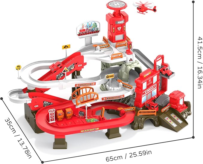 52PCS Fire Rescue Adventure Track Playset for Kids Ages 3+, Electric Ladder, 3 Mini Cars&one Airplane, Multi-Level Tracks with Lights & Sounds, Obstacles & Role Play, Gift for Boys & Girls