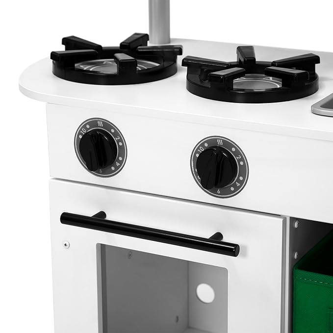 Delta Children Deluxe Modern Kitchen - Toy Kitchen Playset with Realistic Knobs That Turn/Click, Oven, Sink and Fridge/Freezer with Ice Maker, White