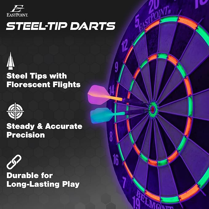 EastPoint Sports EastPoint Blacklight Dartboard - Official Size Bristle Dartboard with Glowing Segments and Dart Flights