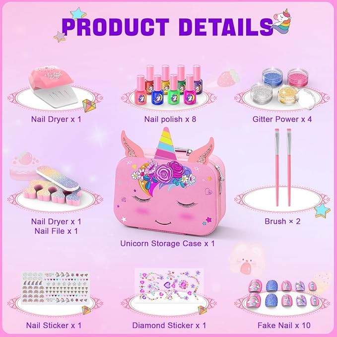 Kids Nail Polish Set for Girls, Non-Toxic Quick Dry Nail Art Salon Kit with Nail Dryer and Peelable Nail Polish,Ideal Gift Toys for Girls Age 3-12
