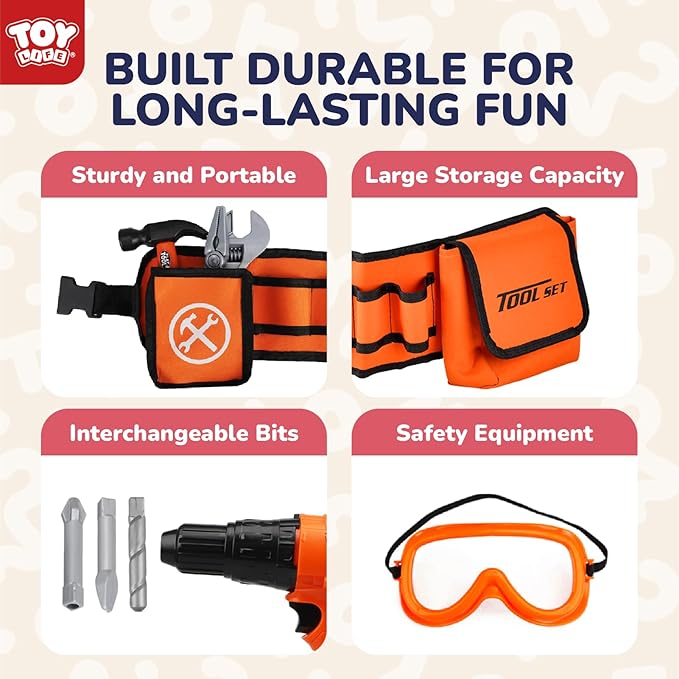 TOY Life Kids Tool Set with Kids Tool Belt & Toy Drill, Toddler Tool Set for Kids Pretend Play, Toy Tools Construction Tools Halloween Tool Costume Kit for Boys Girls 3 4 5 6 7 8 Years Old
