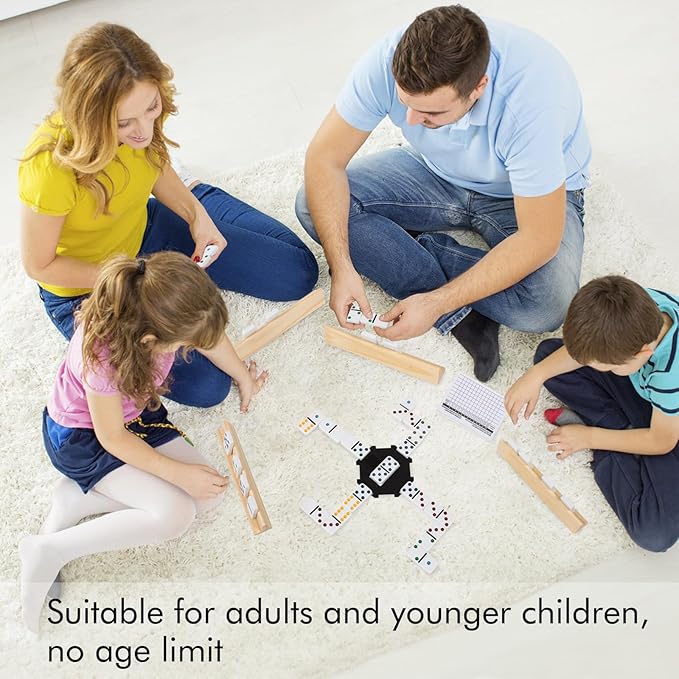 DAILYLIFE Dominoes for Kids, Double 6 Dominoes Set with 4 Wooden Racks/Trays, Double Six Dominoes Set with Portable Case, 28 Tiles Dominos Set for Family Board Games