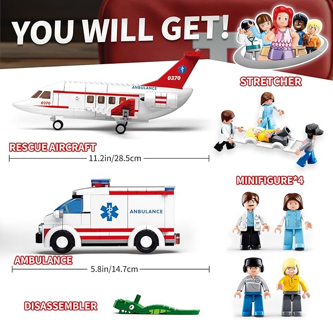 Sluban Rescue Plane Building Set with Ambulance Car, Stretcher and 4 Minifigures, City Airplane Hospital Vehicles Compatible with Lego Plane, Gift Idea for Kids, Girls and Boys Ages 6+, M38-B0370