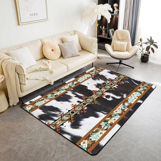 Erosebridal Cowhide Area Rug 4x5, Black and White Highland Cow Print Rug, Western Rugs Exotic Aztec Carpet for Bedside, Farmhouse Wild Animals Longhorn Skin Cowboys Decorative Rug for Men