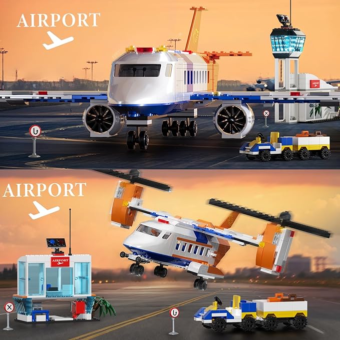 City Plane Building Set, Transport Plane, Helicopter Passenger Airplane 3 in 1 Building Toys with Luggage Trailer, Terminal, Radar Tower, Planes Model for Adults Boys Girls Age 8-12+
