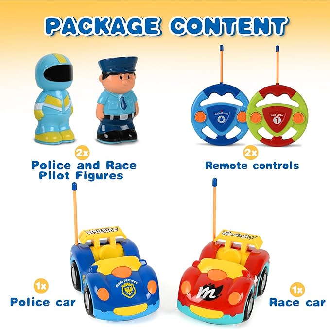 Haktoys Toddler Remote Control Cars 2-Pack – RC Toy Vehicles for Kids Ages 2-5, Boys & Girls – Police & Race Car Set with Independent Controllers for Simultaneous Play
