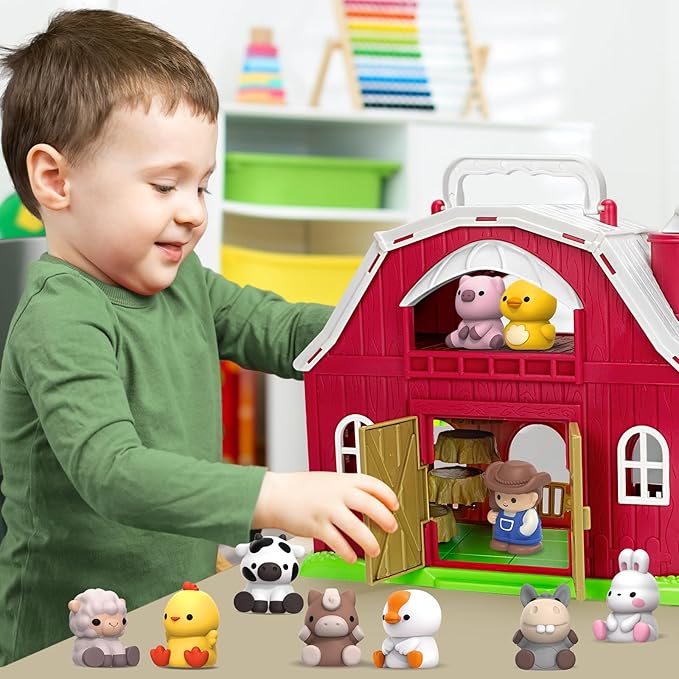 KMUYSL Toys for 1 2 3 Years Old Boys Girls, Big Red Barn Farm Animal Playset for Boys Girls, Learning Montessori Toys, Christmas Birthday Easter Gift for Baby Kids Toddlers Age 12-18 Months