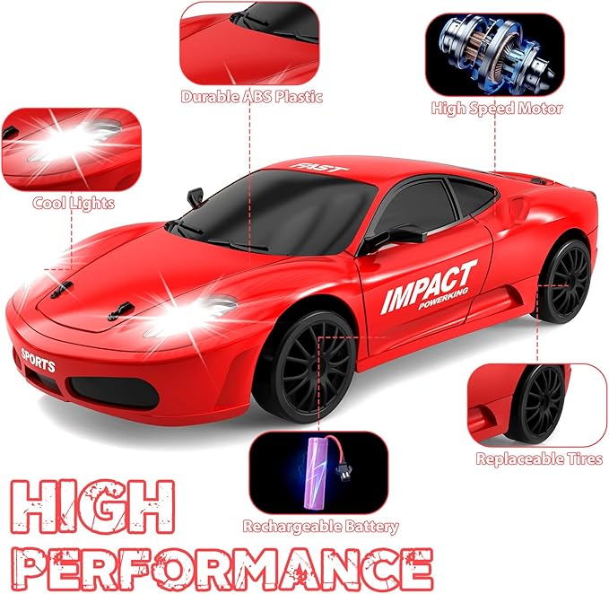 RC Drift Car, 2.4ghz 1/24 High Speed Remote Control Car RC Cars Drifting RC Car Racing Car Model Vehicle, 4WD Racing Car Toy Car with LED Lights for Boys Girls Adults (Red)