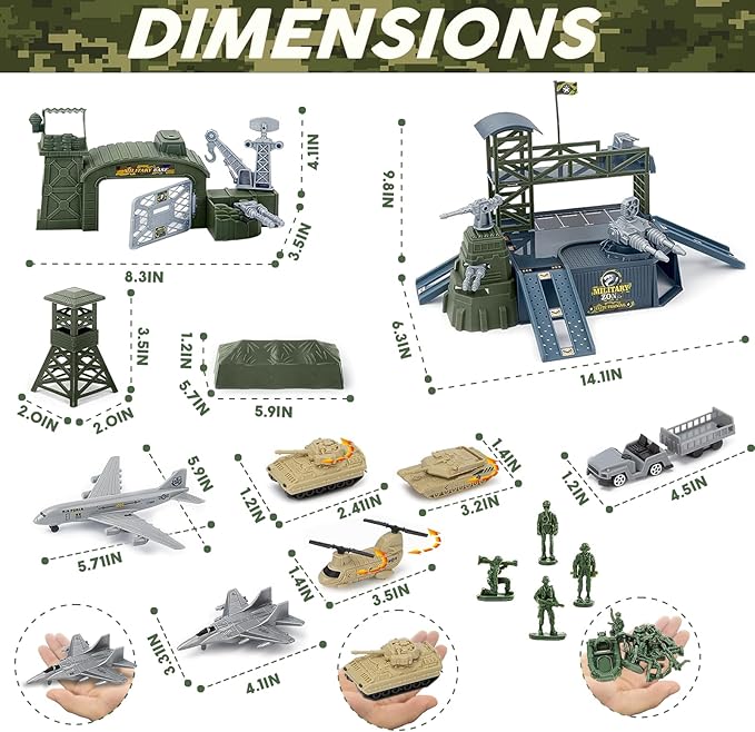 Military Base Toy Sets, Army Toys Playset with Army Men Action Figures, Airplane Toy, Army Tank, Helicopter, Vehicles Accessories and Army Base Play Map, Birthday Present Toys for Boys