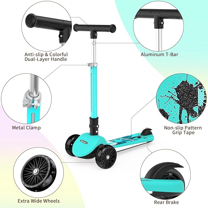 BELEEV A9 Kids Scooter with LED Light-Up Wheels & Deck, 3 Wheel Folding Scooter for Toddlers Girls Boys Ages 3-12, Adjustable Handlebar, Lean to Steer, Extra-Wide Wheels, Kick Scooter for Children