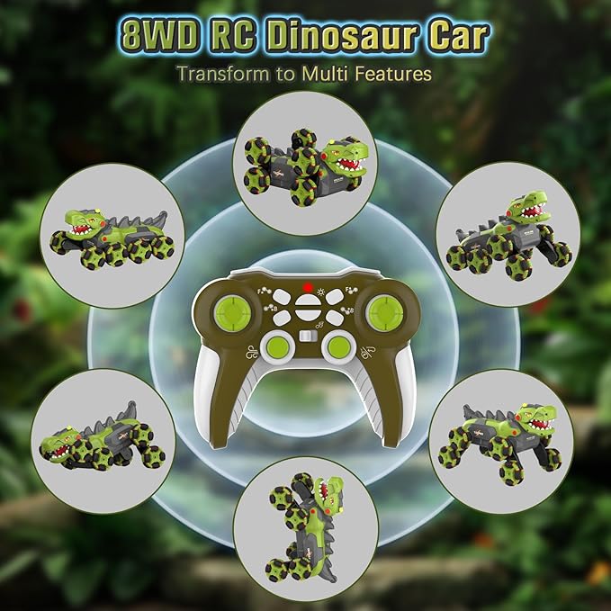 Dinosaur Remote Control Car - 8WD RC Toys for 4 5 6 7 8 Year Old Boys, 2.4Ghz RC Transform Stunt Monster Car with 360°Rotating/Spray/Roar, Birthday Xmas Gifts for Kids Age 4-6 5-7 8-12
