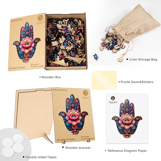 Hamsa Wooden Puzzles, 200 Pieces Hand Jigsaw Puzzles 13.3'' x10.4'', Unique Design Liberty Wooden Puzzles for Adults and Kids, Family Game Gift Medium Size