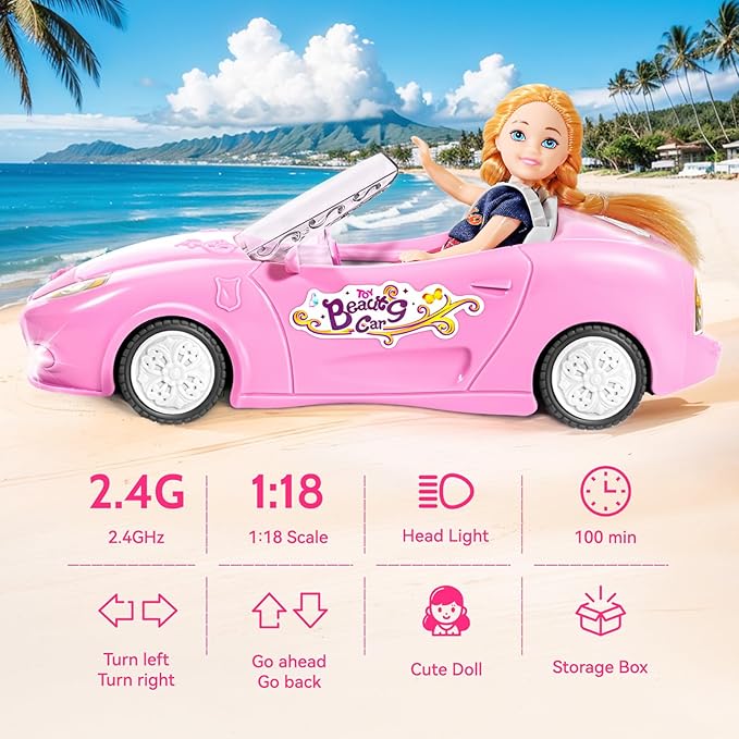Pink RC Car for Girls, 1:18 Racing Car with Doll, 2.4Ghz Remote Control, Birthday Toy for Girls 8-10