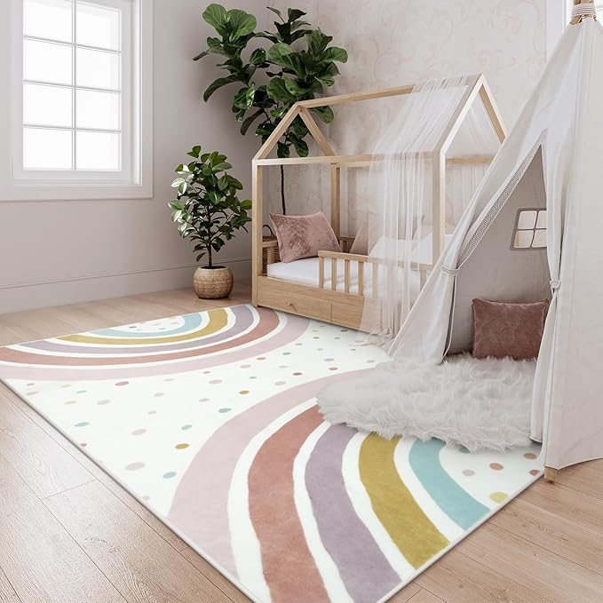 STARUIA Boho Rainbow Rug for Girls Bedroom, Large Area Rug 5x7 Washable Kids Rug for Playroom Tent Castle, Non-Slip Soft Play Mat Carpet Nursery Rug for Kid Room Classroom Dorm
