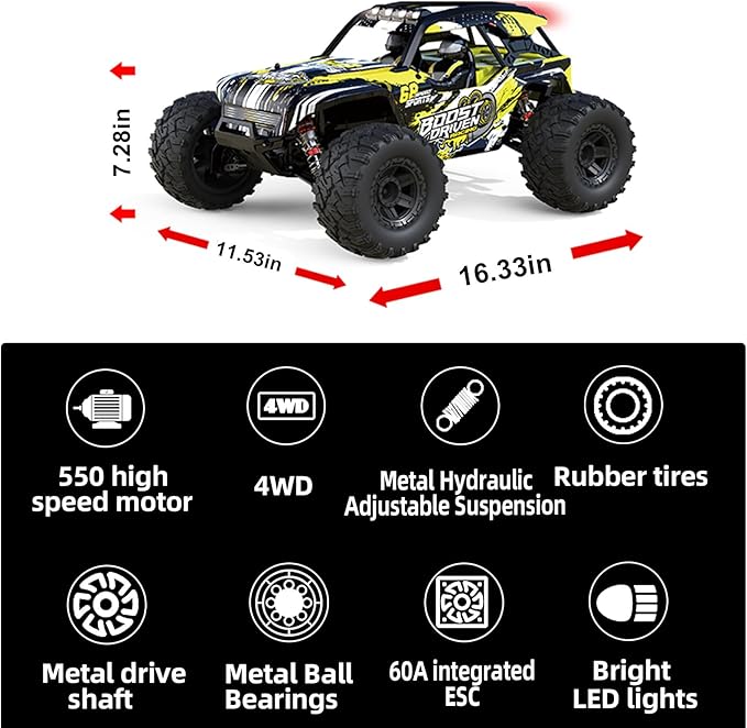 1:10 Large Brush RC Car for Adults, Fast Remote Control Car, 28+ MPH Rc Hobby Truck with Headlights, All Terrain 2.4Ghz Electric Hobby Rc Cars, 4WD Off Road Monster Truck for Adults - Yellow