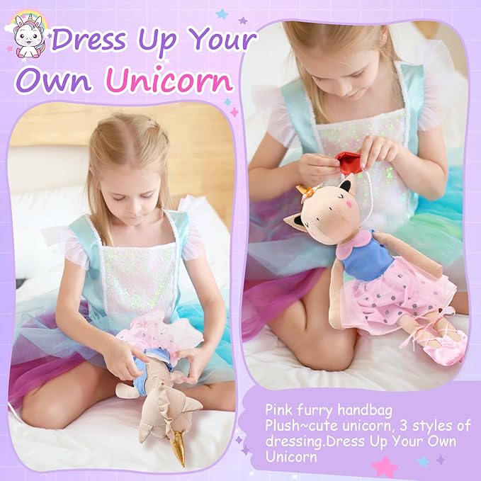 Ballerina Unicorn Doll Stuffed Animal Toys for Girls - Plush Bag | 3 Set Cloth Accessories | Ballet Shoes, Kids Pretend Play Doll Pet Care, Christmas Birthday Gift for 3 4 5 6 Year Old Girls