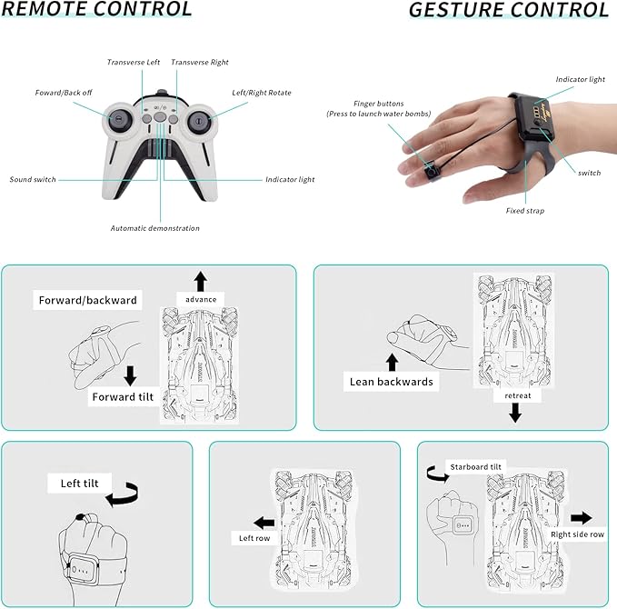 RC Stunt Tank with Light, Watch Gesture Sensor RC Tank Toy, 360 Rotation Remote Control Stunt Car Shooting Water Bullets, Gifts for Children (Black and Cyan)